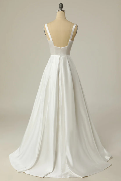 Simple A Line Square Neck White Long Wedding Dress