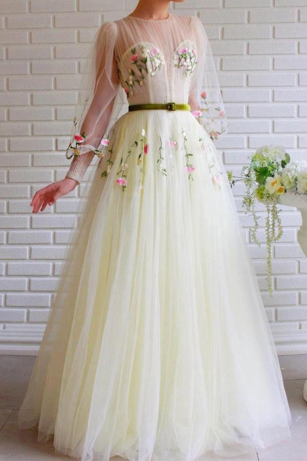 A-line Beautiful Long Sleeve Embroidered Tulle Ball Gown