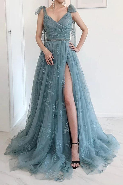 A-line Straps Party Dress Lace High Split Prom Dress With Bow Tie