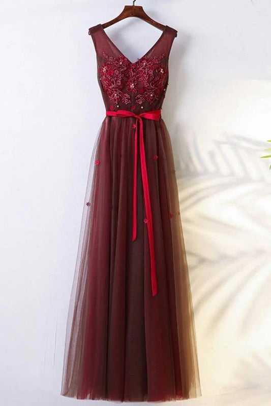 A-Line Crew Floor-Length Tulle Belt Appliques Prom Dress