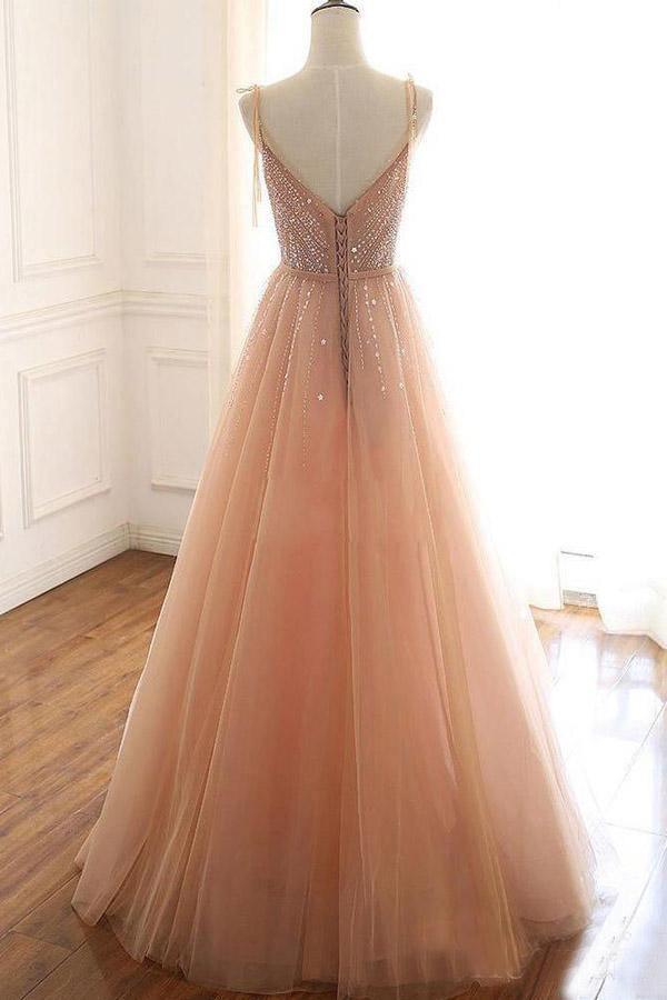 A Line Lace Up Back Straps Tulle Sequins Evening Dresses Prom Dresses