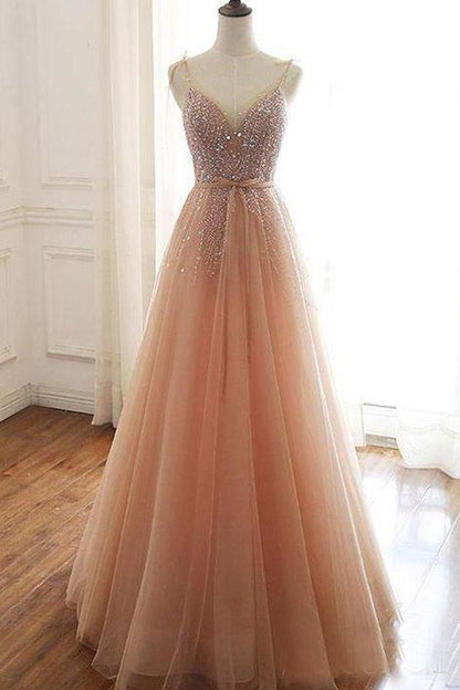 A Line Lace Up Back Straps Tulle Sequins Evening Dresses Prom Dresses