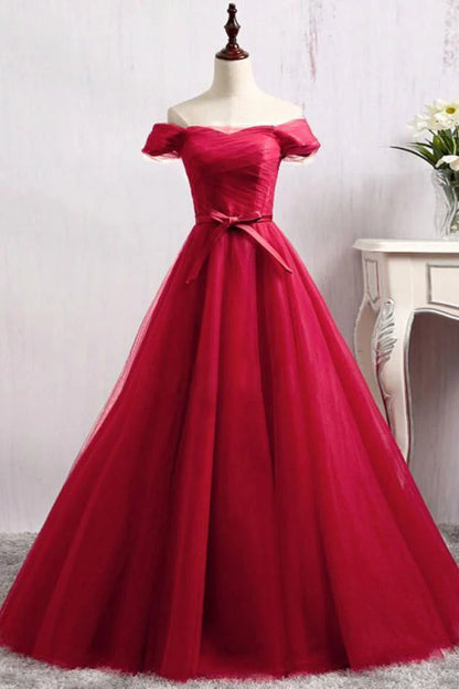 A-Line Off-the-Shoulder Floor-Length Tulle Prom Dress