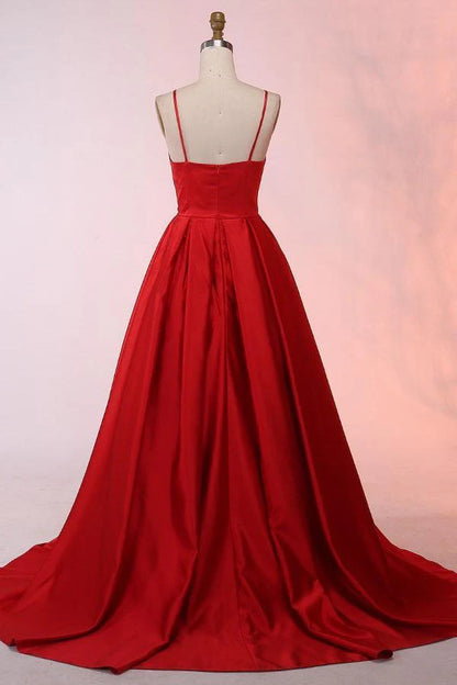 A-Line Spaghetti Straps Sweep Train Satin Prom Dress