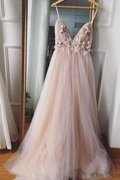 A-line V-neck 3D Flower Eleagnt Tulle Long Prom Dress