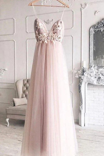 A-line V-neck 3D Flower Eleagnt Tulle Long Prom Dress