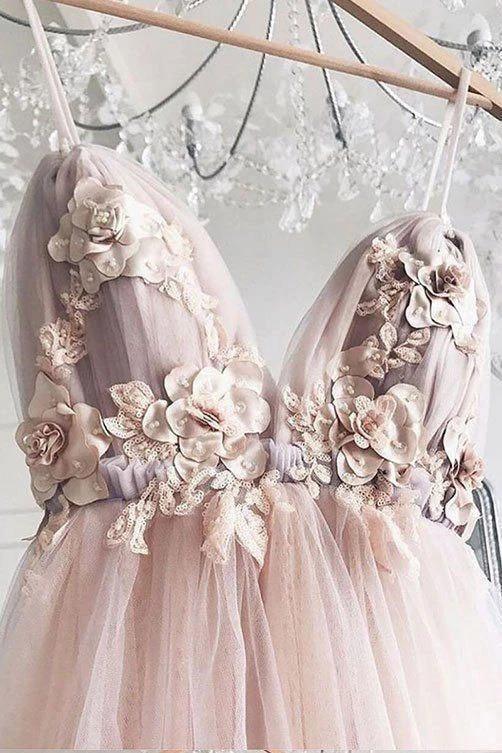 A-line V-neck 3D Flower Eleagnt Tulle Long Prom Dress