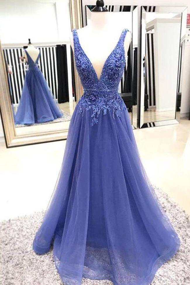 A-line V Neck Lace Applique Tulle Prom Dresses Evening Dresses