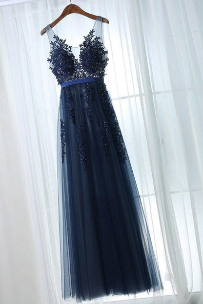 A-Line V-Neck Floor-Length Tulle Prom Dress with Appliques