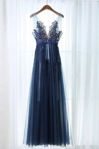 A-Line V-Neck Floor-Length Tulle Prom Dress with Appliques