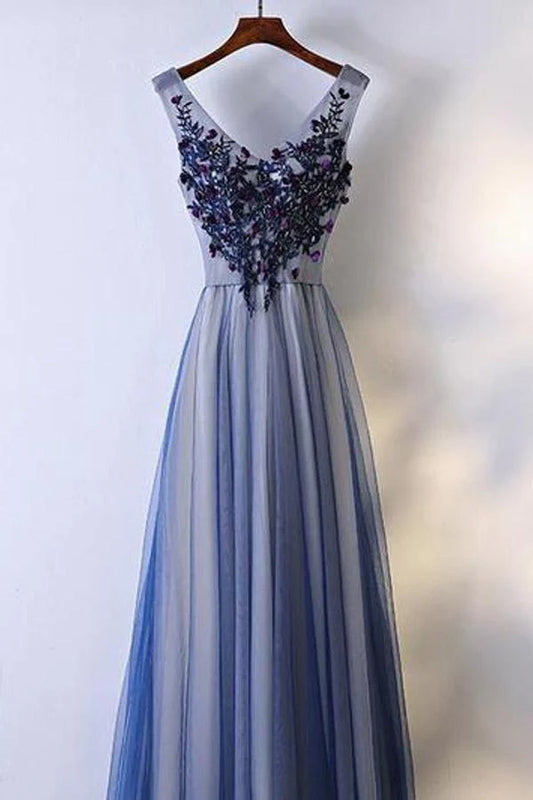 A-line V neck Floor Length Tulle Appliqued Beaded Prom Dresses