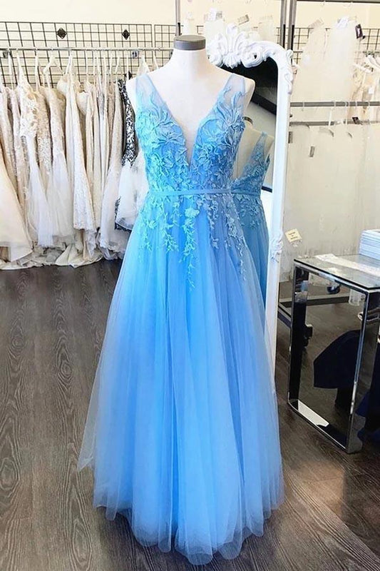 A Line V Neck Lace Tulle Prom Dresses Evening Dresses