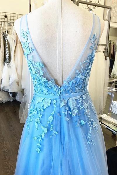 A Line V Neck Lace Tulle Prom Dresses Evening Dresses