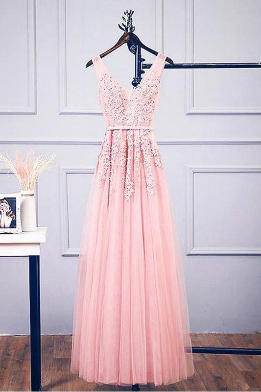 A-line V Neck Tulle Lace Applique Long Prom Dress Evening Dress