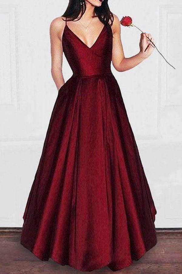 A-line V-neck Spaghetti Strap Prom Dresses Long Evening Gowns