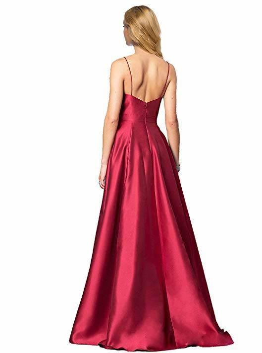 A-line V-neck Spaghetti Strap Prom Dresses Long Evening Gowns