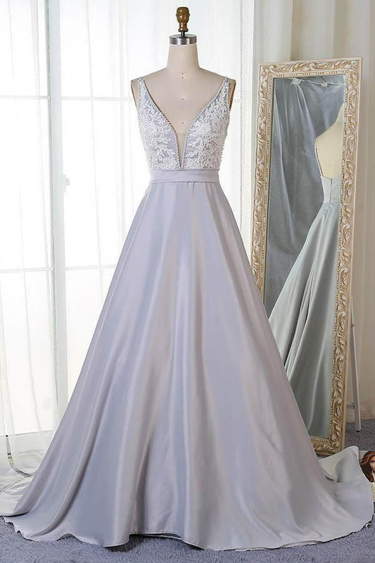 A-Line V-Neck Sweep Train Satin Prom Dress with Appliques