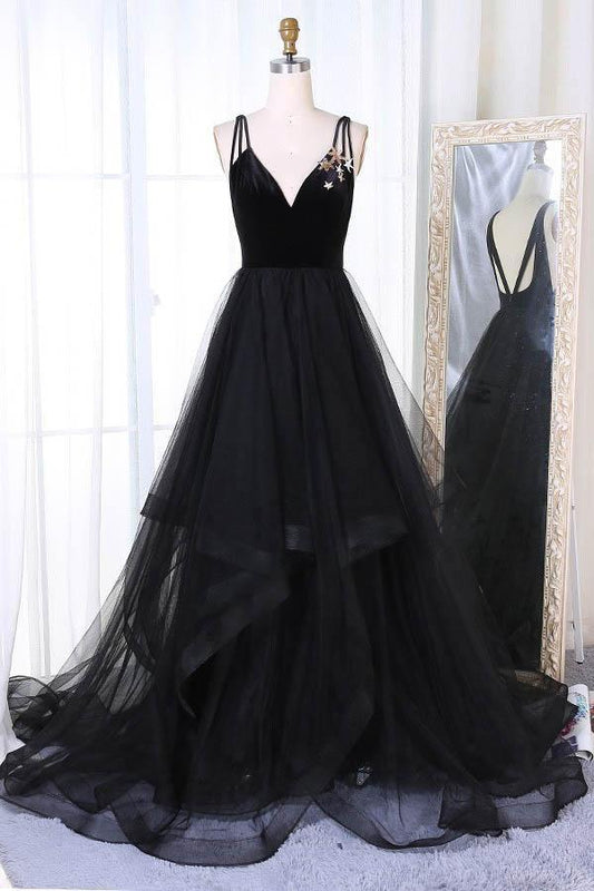 A-Line V-Neck Sweep Train Pleated Tiered Tulle Prom Dress