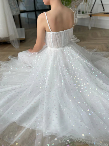 Sweetheart neck tulle tea length prom dress