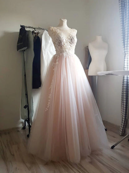 Tulle lace long prom dress