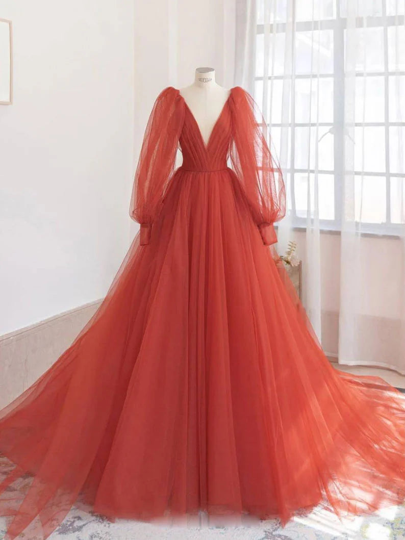 V neck tulle long prom dress