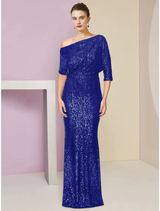 Sheath / Column Mother of the Bride Dress Wedding Guest Sparkle & Shine Elegant Off Shoulder Sweep / Brush Train Sequined Half Sleeve with Sequin Ruching Solid Color