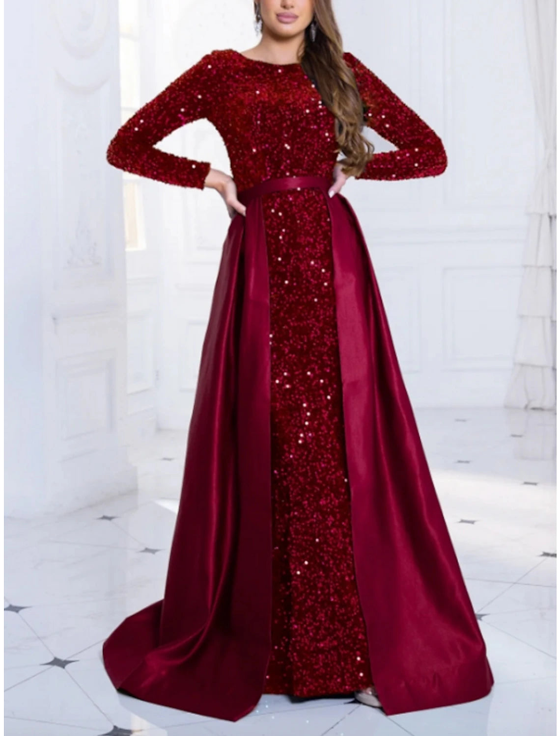 A-Line Evening Gown Elegant Dress Formal Fall Sweep / Brush Train Long Sleeve Jewel Neck Sequined with Glitter Pleats