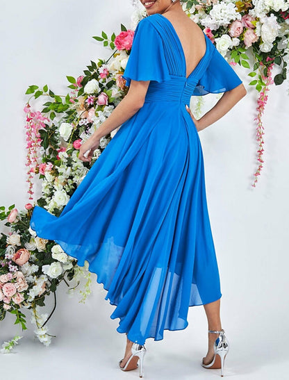 A-Line Cocktail Dresses Elegant Dress Wedding Summer Asymmetrical Sleeveless V Neck Chiffon with Ruched