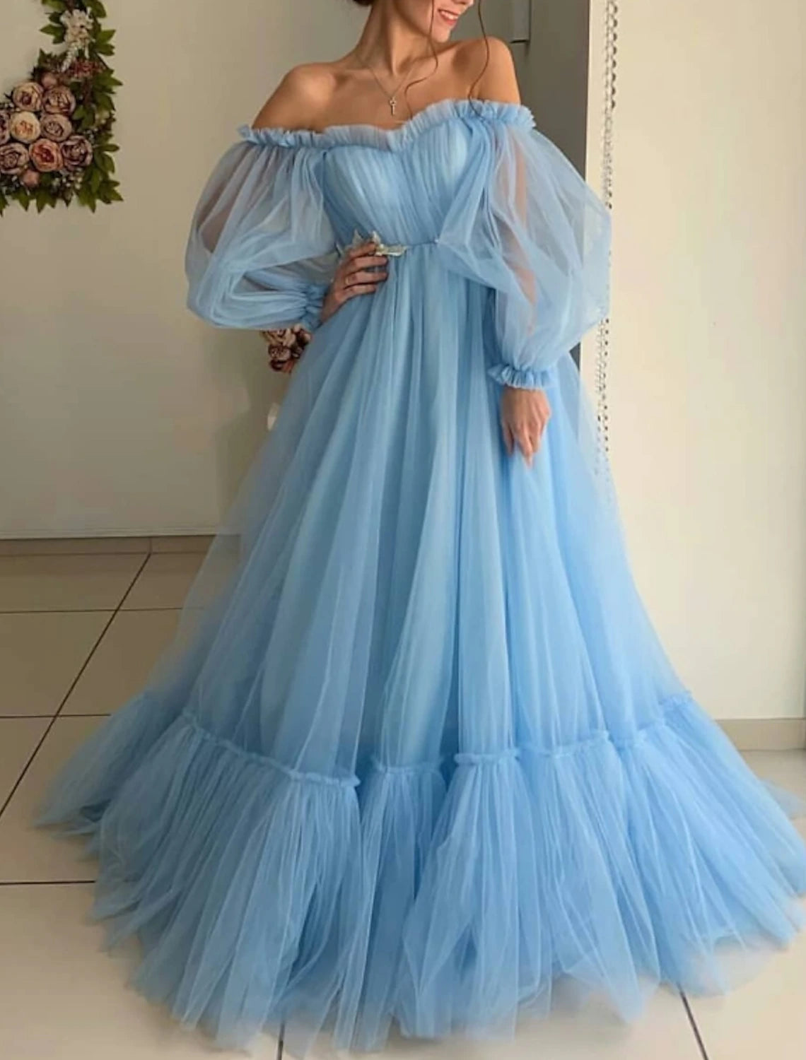 A-Line Minimalist Elegant Engagement Prom Dress Off Shoulder Long Sleeve Floor Length Tulle with Pleats Appliques