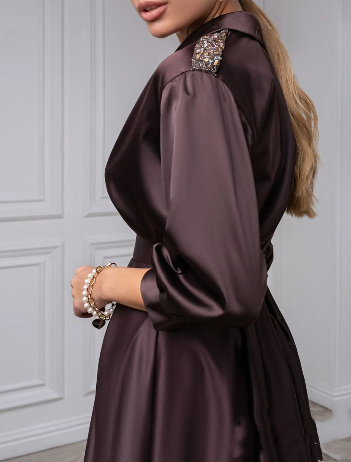 A-Line Cocktail Dresses Elegant Dress Wedding Guest Evening Party Tea Length 3/4 Length Sleeve Shirt Collar Satin with Pleats