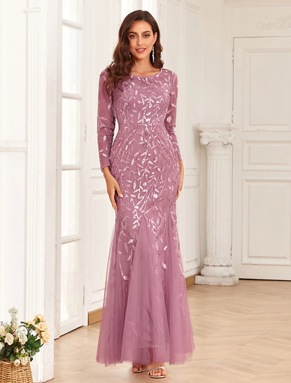 Mermaid / Trumpet Evening Gown Elegant Dress Prom Floor Length Long Sleeve Jewel Neck Tulle with Embroidery