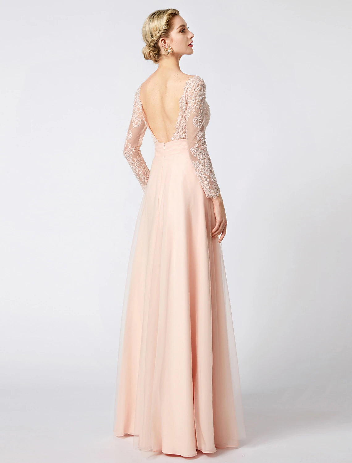 Ball Gown Pastel Colors Dress Holiday Cocktail Party Floor Length Long Sleeve V Neck Tulle Low Back with Beading Appliques