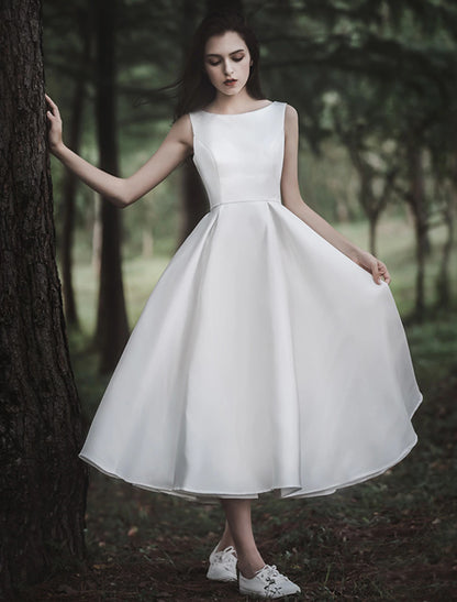 Reception Little White Dresses Wedding Dresses A-Line Scoop Neck Sleeveless Tea Length Satin Bridal Gowns With