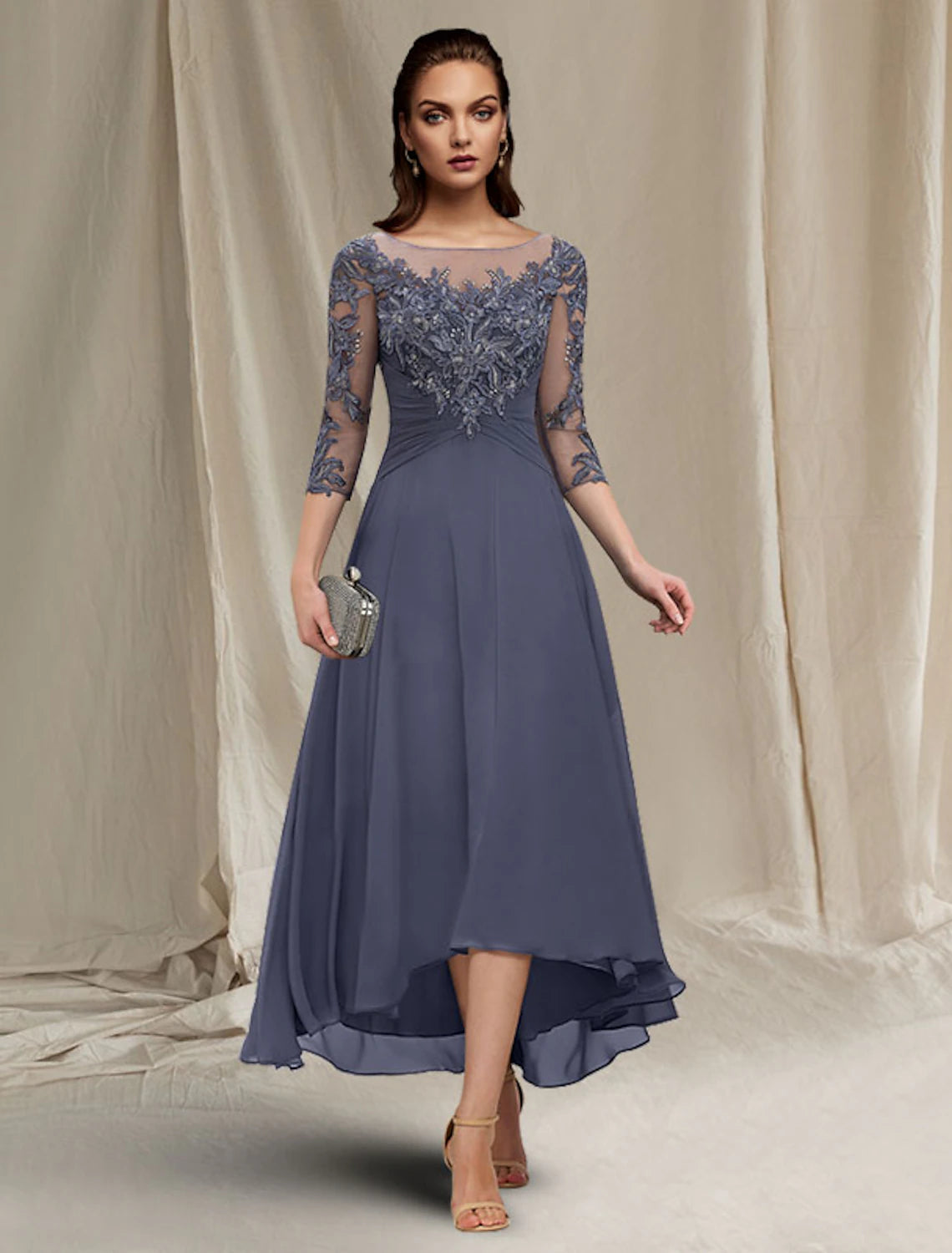 A-Line Mother of the Bride Dress Elegant High Low Jewel Neck Asymmetrical Tea Length Chiffon Lace Short Sleeve Wrap Included with Ruched Sequin Appliques