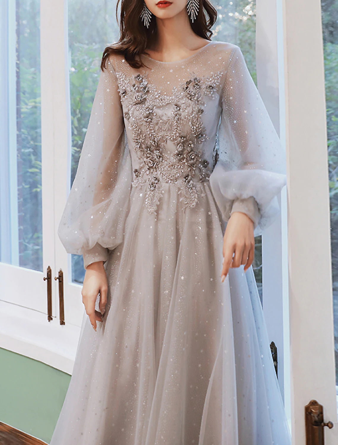 A-Line Prom Dresses Floral Dress Wedding Guest Engagement Sweep / Brush Train Long Sleeve Jewel Neck Tulle with Appliques