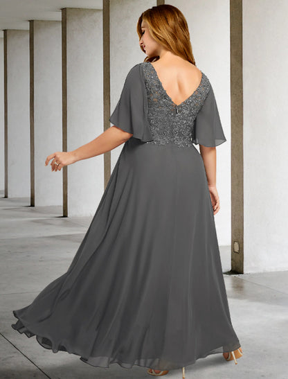 A-Line Plus Size Curve Mother of the Bride Dresses Elegant Dress Formal Floor Length Short Sleeve V Neck Chiffon with Pleats Appliques