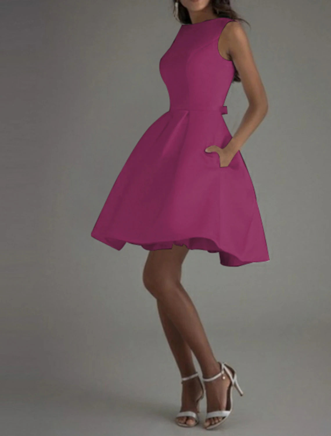 A-Line Cocktail Dresses Minimalist Dress Valentine's Day Wedding Guest Knee Length Sleeveless Boat Neck Satin V Back with Sleek Bow(s) Pure Color