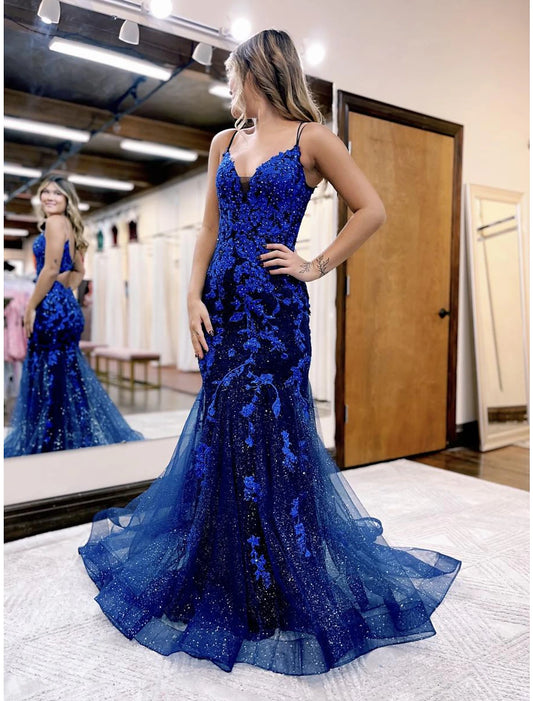 Mermaid / Trumpet Prom Dresses Sparkle & Shine Dress Formal Wedding Party Court Train Sleeveless V Neck Tulle Backless with Glitter Beading Applique