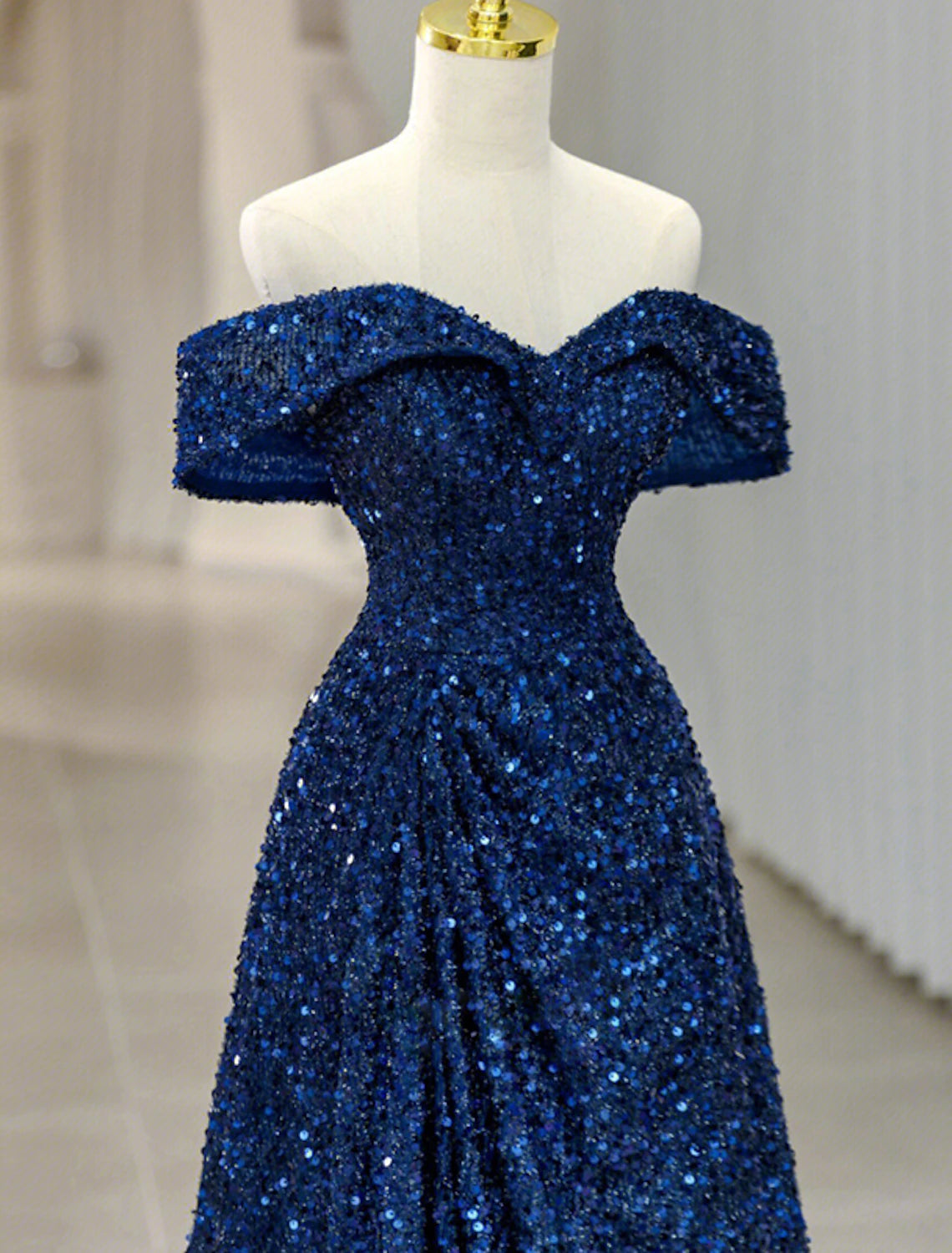 A-Line Evening Gown Sparkle & Shine Dress Formal Sweep / Brush Train Sleeveless Off Shoulder Sequined with Glitter Sequin