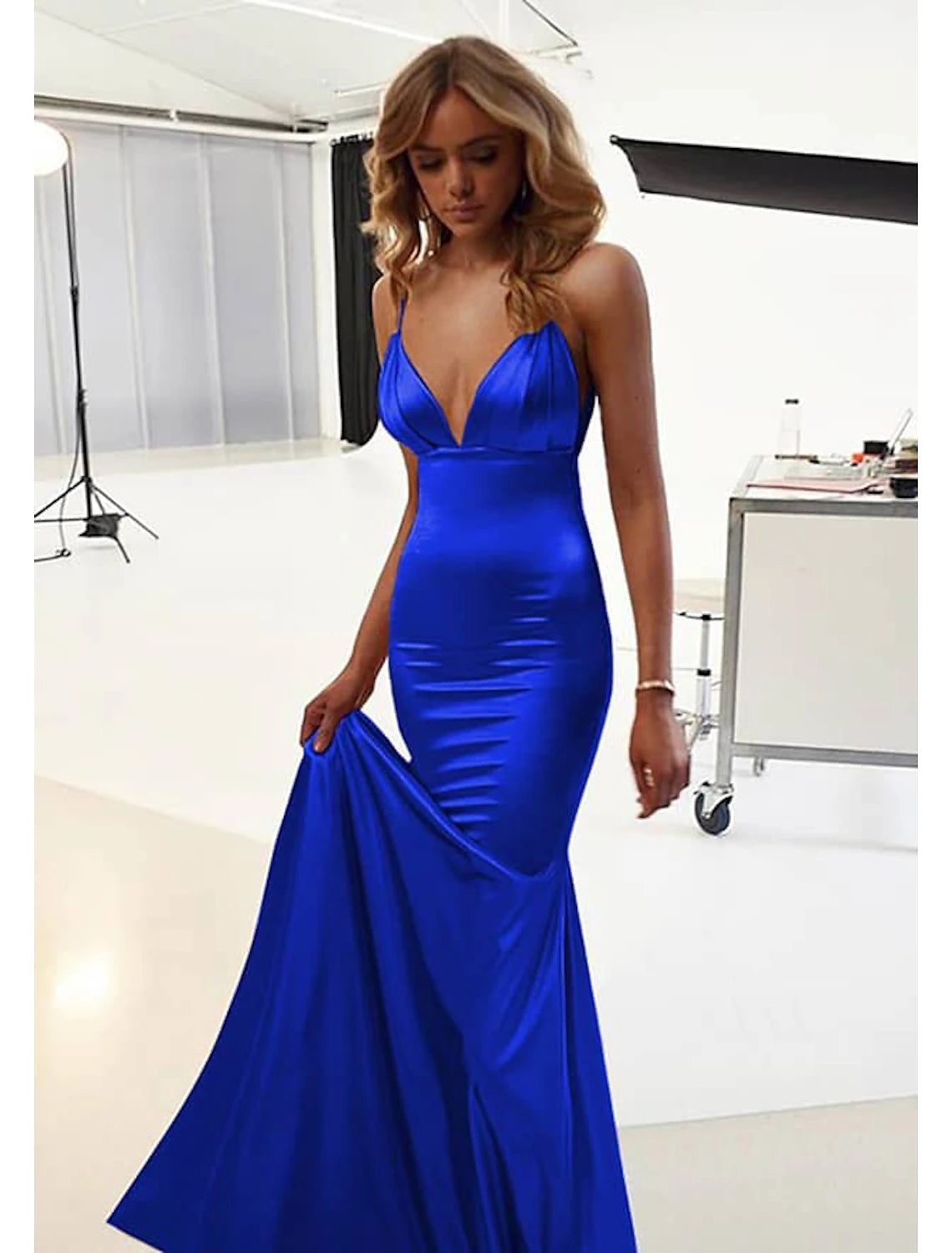 Mermaid / Trumpet Wedding Guest Dresses Sexy Dress Prom Floor Length Sleeveless Spaghetti Strap Cotton Backless with Ruched