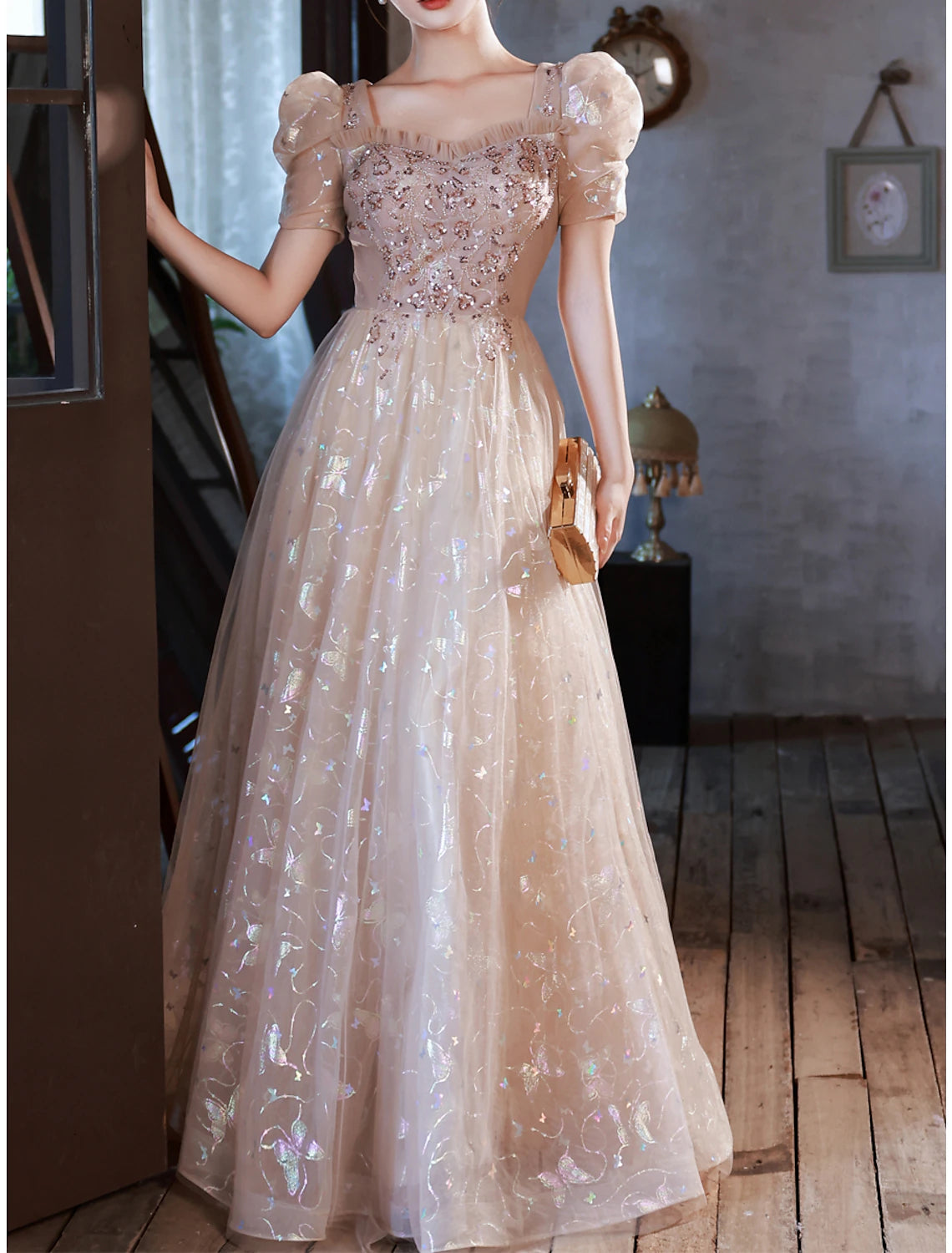 A-Line Prom Dresses Elegant Dress Party Wear Prom Floor Length Half Sleeve Sweetheart Satin with Appliques Strappy