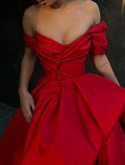 A-Line Evening Gown Party Dress Red Green Dress Masquerade Prom Sweep / Brush Train Sleeveless Off Shoulder Satin with Sli