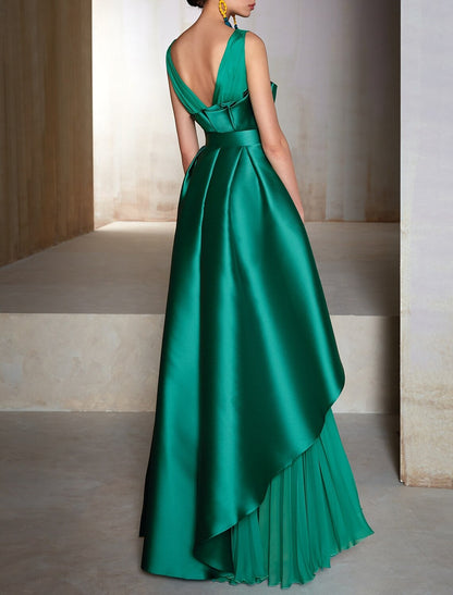 A-Line Evening Gown Elegant Dress Formal Wedding Guest Floor Length Sleeveless V Neck Chiffon with Belt Ruffles