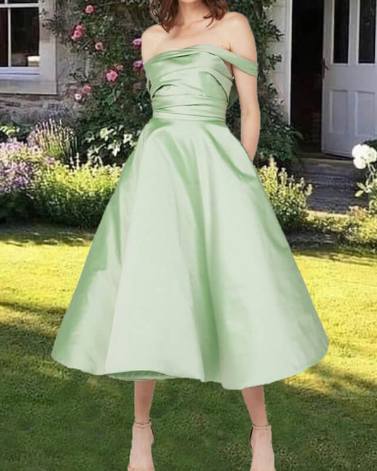 A-line Off Shoulder Satin Prom Dresses