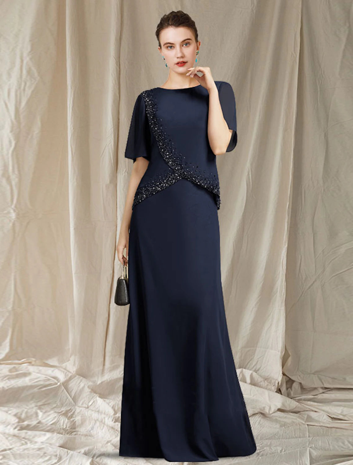 A-Line Mother of the Bride Dress Elegant Jewel Neck Floor Length Chiff ...