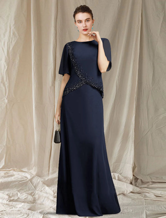 A-Line Mother of the Bride Dress Elegant Jewel Neck Floor Length Chiffon Short Sleeve with Crystals A-Line Mother of the Bride Dress Elegant Jewel Neck Floor Length Chiffon Short Sleeve with Crystals