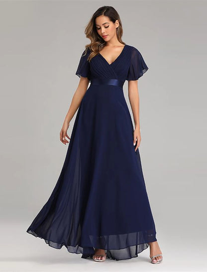 A-Line Prom Dresses Maxi Dress Graduation Floor Length Short Sleeve V Neck Chiffon V Back with Ruched Ruffles