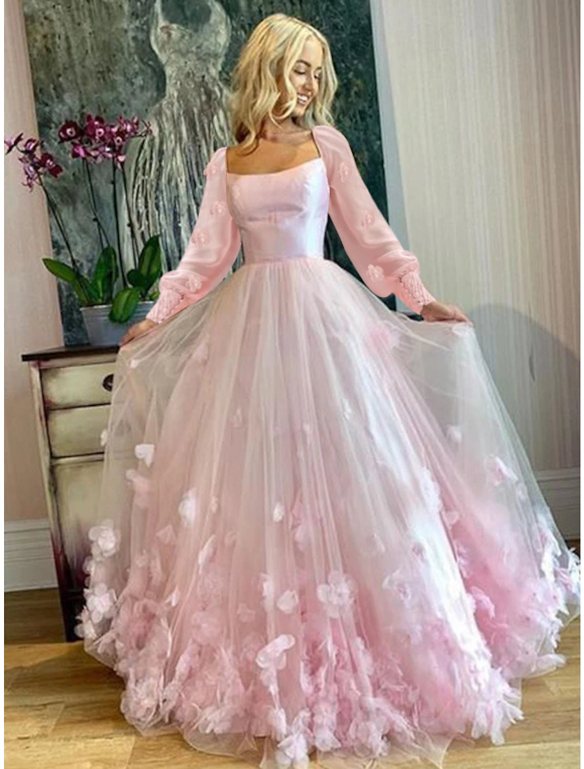 A-Line Prom Dresses Maxi Dress Sweet 16 Floor Length Long Sleeve Scoop Neck Tulle with Appliques Butterfly