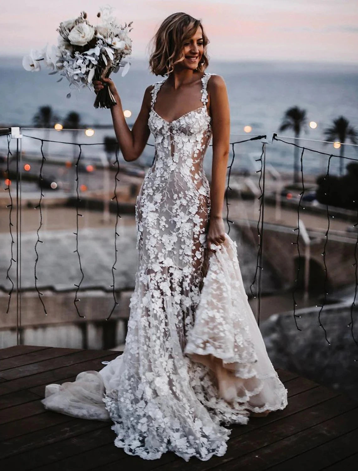 Beach Sexy Boho Wedding Dresses Mermaid / Trumpet Sweetheart Regular Straps Court Train Lace Bridal Gowns With Appliques