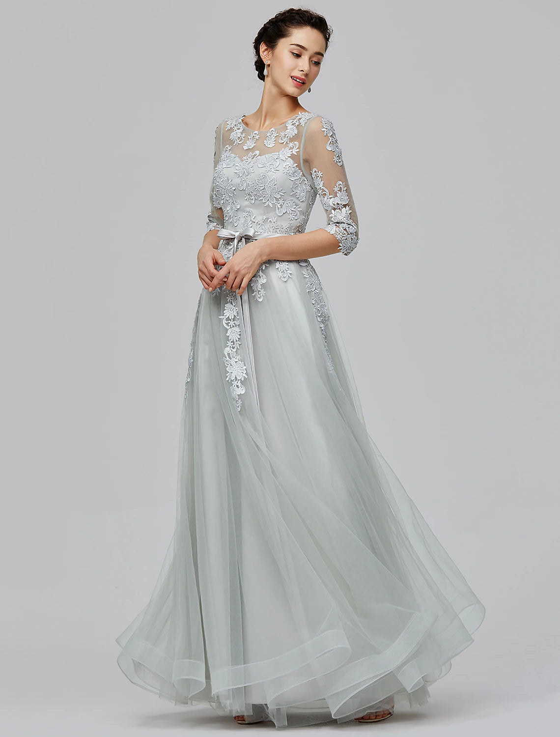 A-Line Empire Dress Wedding Guest Floor Length Half Sleeve Illusion Neck Tulle with Bow(s) Appliques